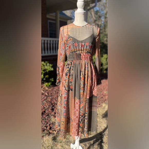 Zara Dresses & Skirts - NWT Oriental Paisley Print Chiffon Midi Long Sleeve Dress. Size Small.